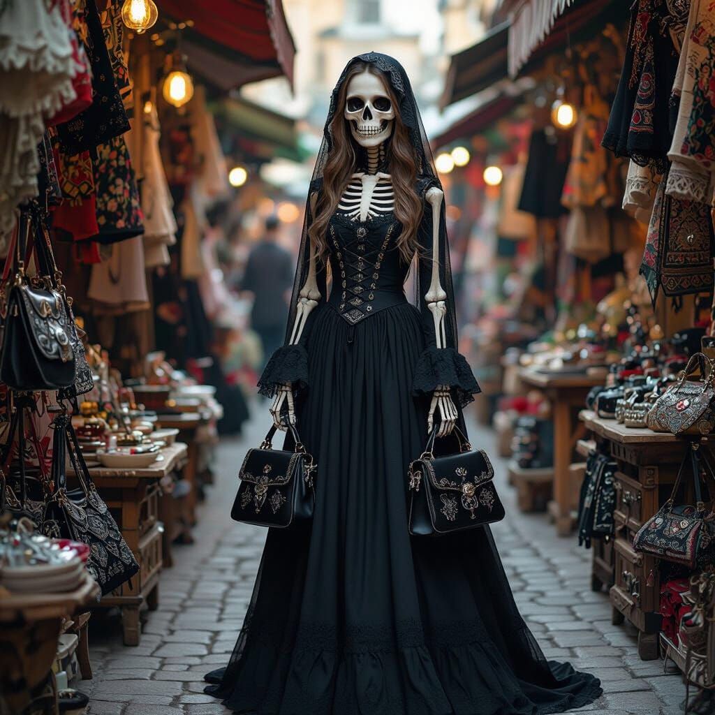 Gothic Skeleton Girl Selling Bags at Market Stall