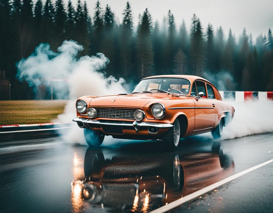 Retro Car Drifting on Rainy Track