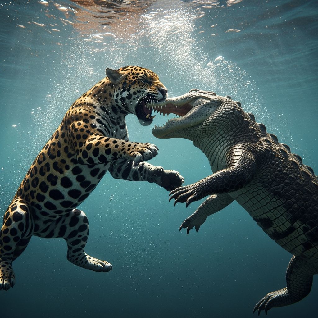 Underwater Jaguar and Alligator Battle in Murky Depths