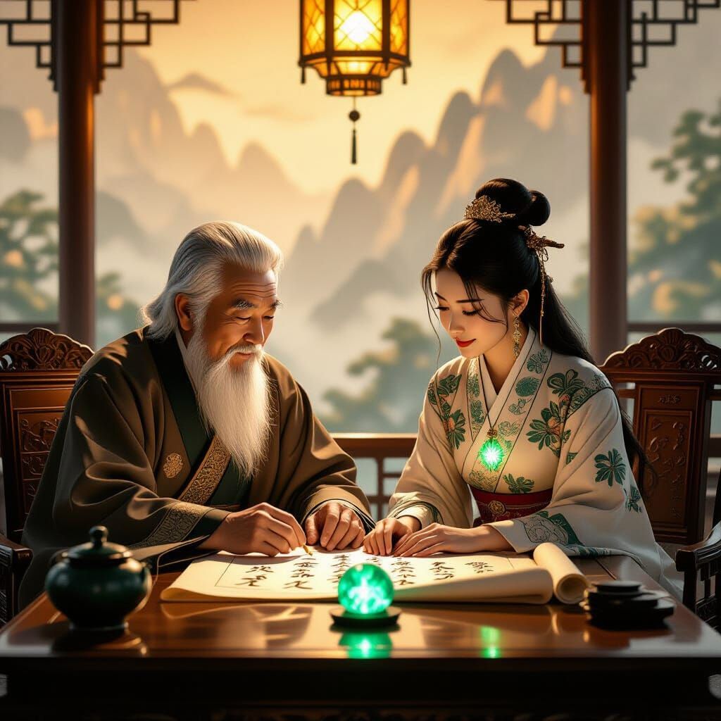 Lin Examines Calligraphy Scroll in Illustrative Style