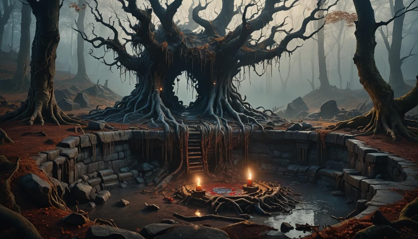 Creepy Blood-Covered Well in Misty Dark Fantasy Forest