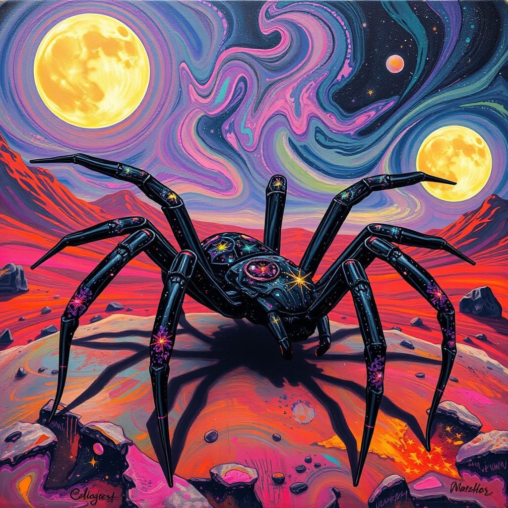 Vibrant Space Spiders in a Psychedelic Martian Landscape