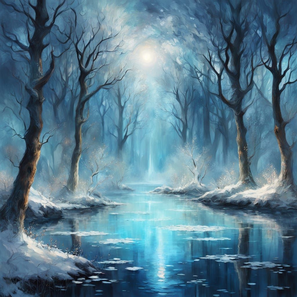 Surreal Winter Forest Rises From Bioluminescent Lake