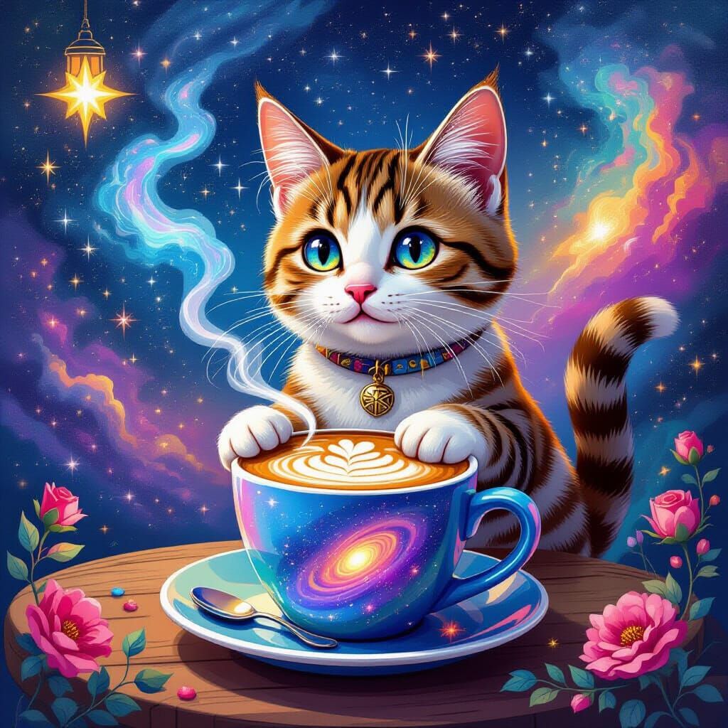 Celestial Cat Barista Galaxy Latte Art in Nebula Cafe
