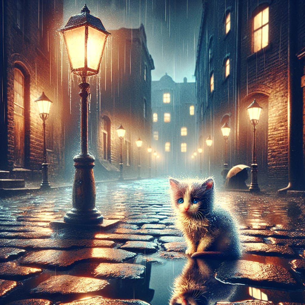 Lost Kitten in Rainy Vintage Street Scene