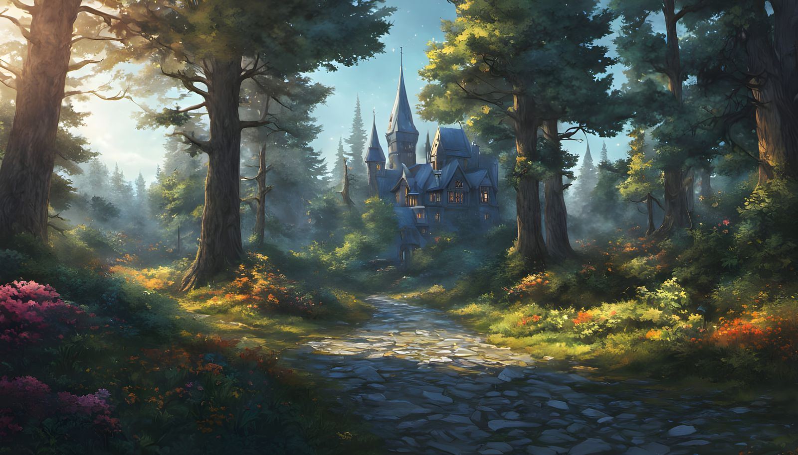 Magical School Overlooking Spruce Lined Alley