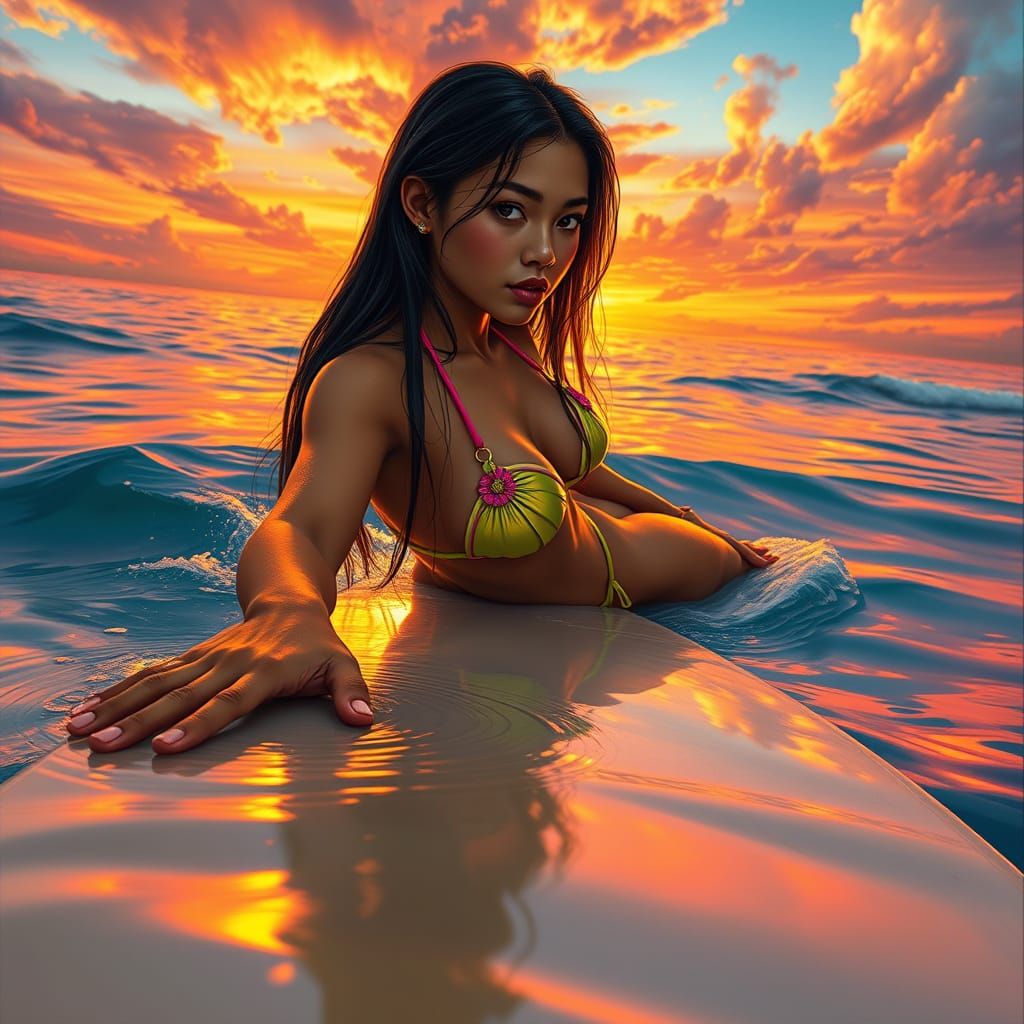 Hyperrealistic Filipina Surfer at Sunset