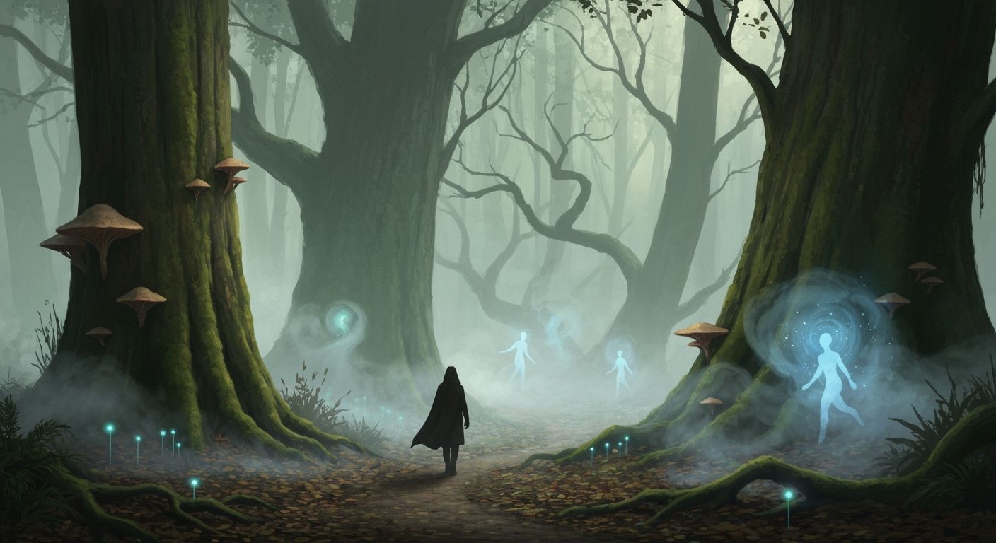 Mystical Forest Path with Ethereal Figures