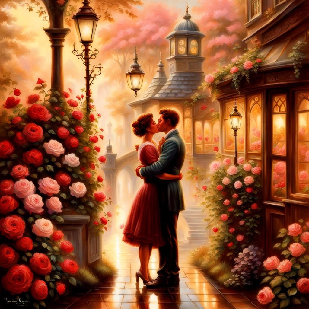 Romantic Chocolate Boy and Rose Girl Kiss: Ethereal Fantasy