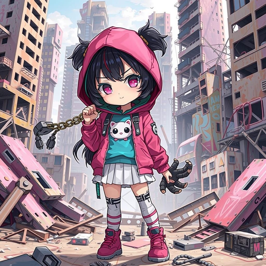 Cyberpunk Chibi Girl in Toxic Cityscape