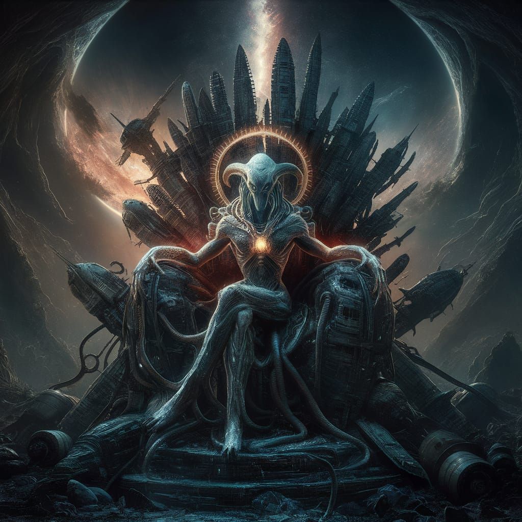 Alien God on Spaceship Throne in Giger Style