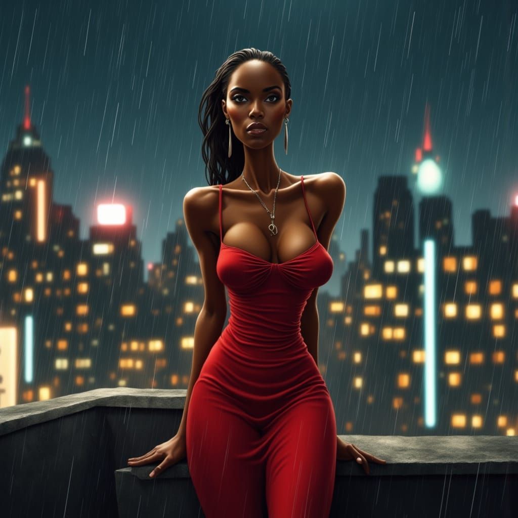 Black Model in Red Gown on Rooftop at Night