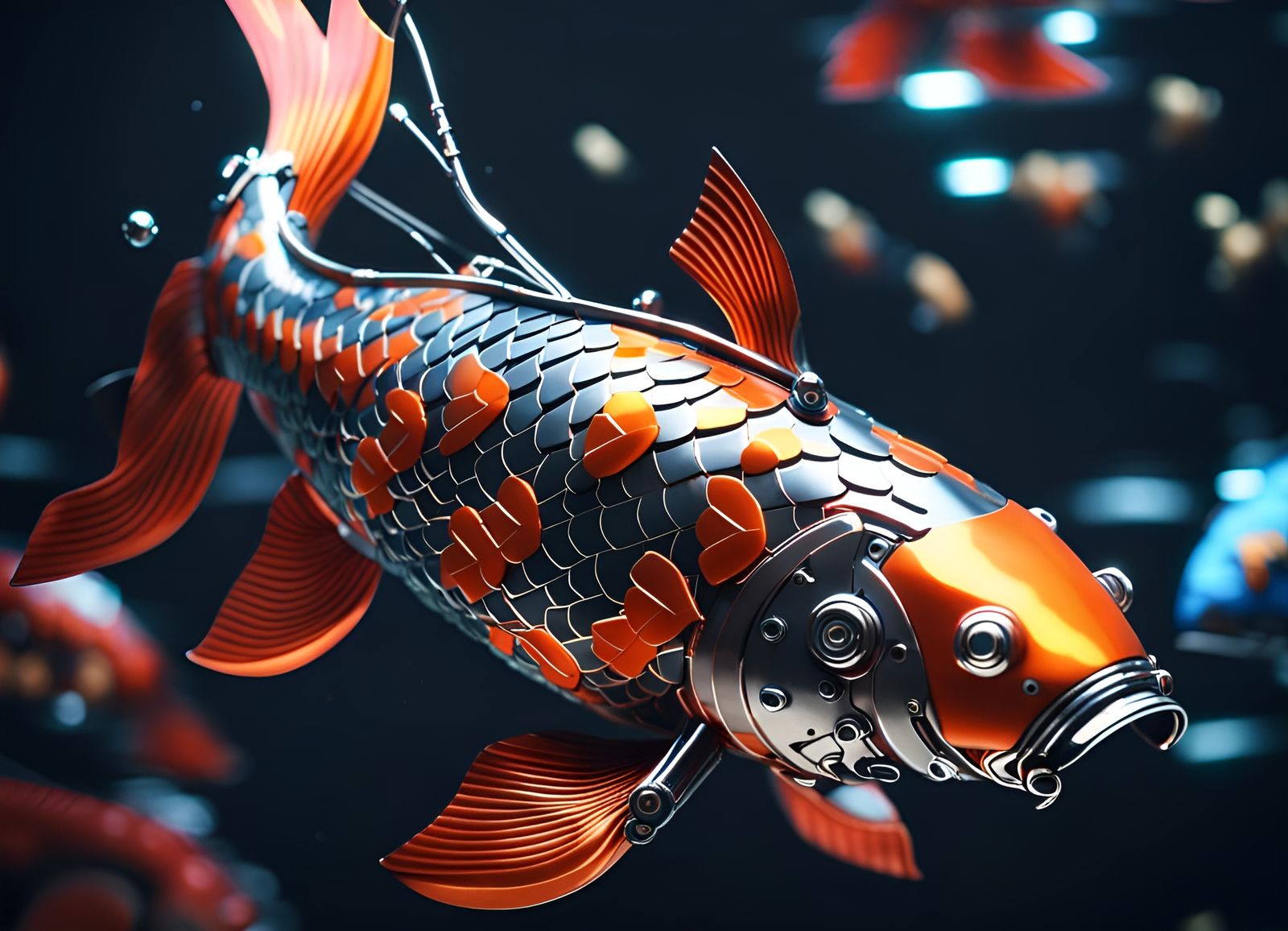 Robotic Koi Fish in Futuristic Aquarium, Sci-Fi Art