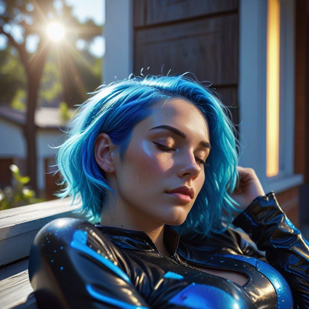 Young Woman in Latex Sleeping on a Porch in Neon Glow