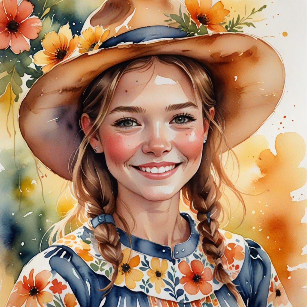 Watercolor Portrait of a Smiling Little Cowgirl