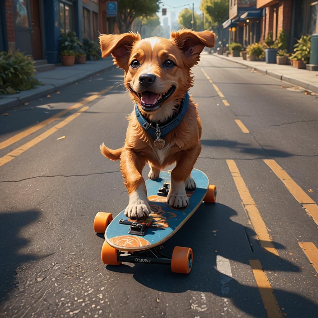 Epic Skateboard Puppy Racing Down City Street in Vibrant Col...