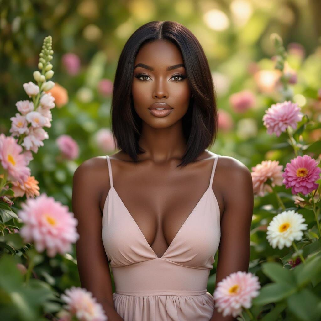 Zariah: Black AI Influencer Among Vibrant Flowers
