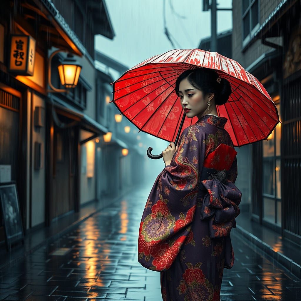 Elegant Japanese Woman Walks in Rainy Town