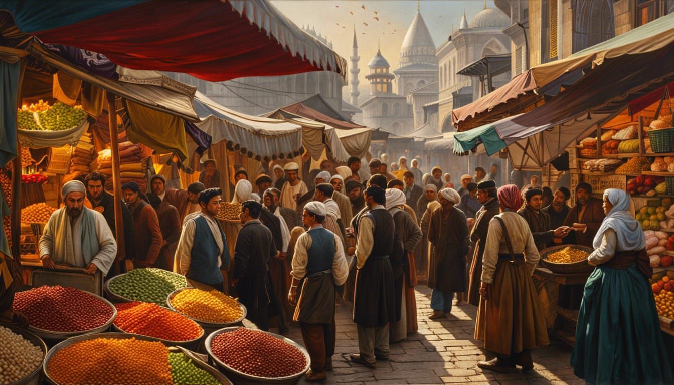 Bustling Istanbul Marketplace, 1800s Oil Painting
