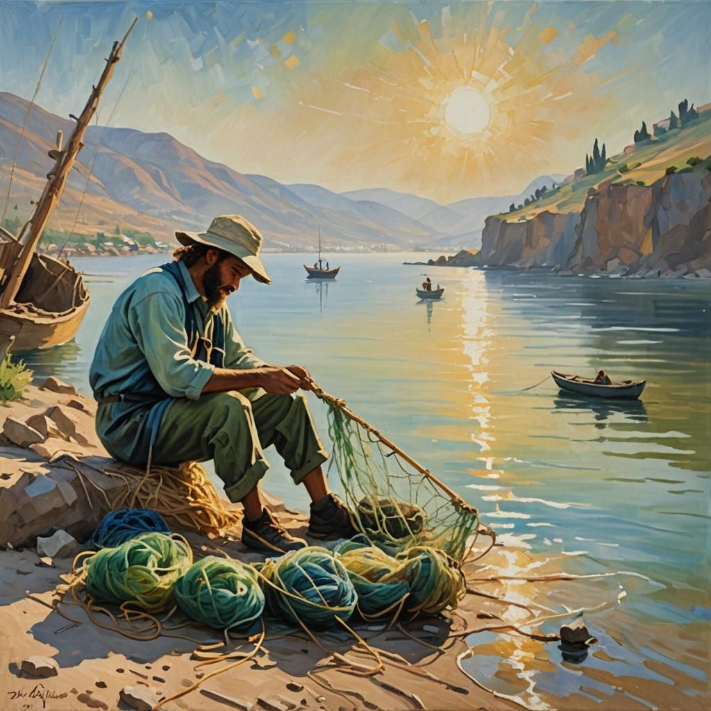 Fisherman Mending Nets: An Impressionist Scene