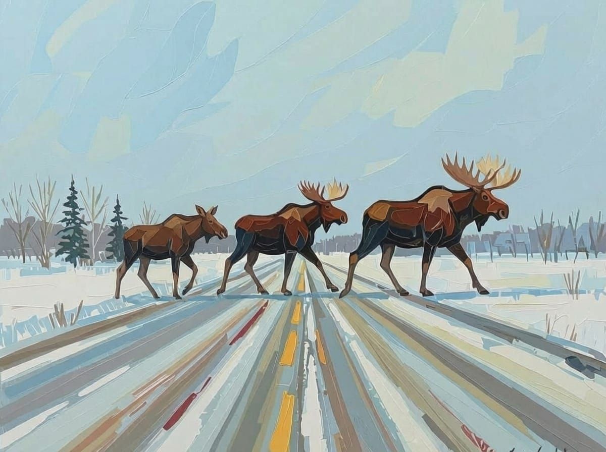 Moose Navigates Snowy Road in Neo-Impressionist Style