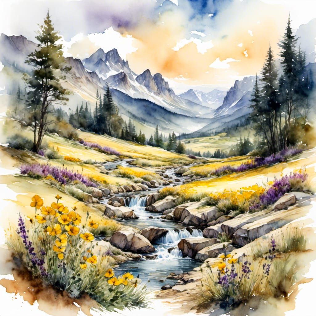 Impressionist Watercolor Landscape with Flower Field
