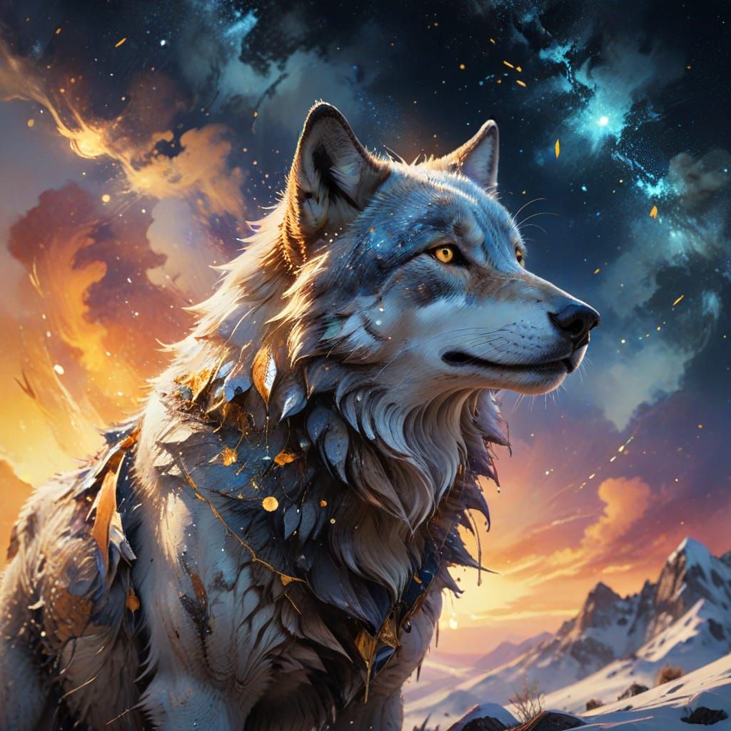Wolf Under Starry Sky: Ethereal Watercolor Painting