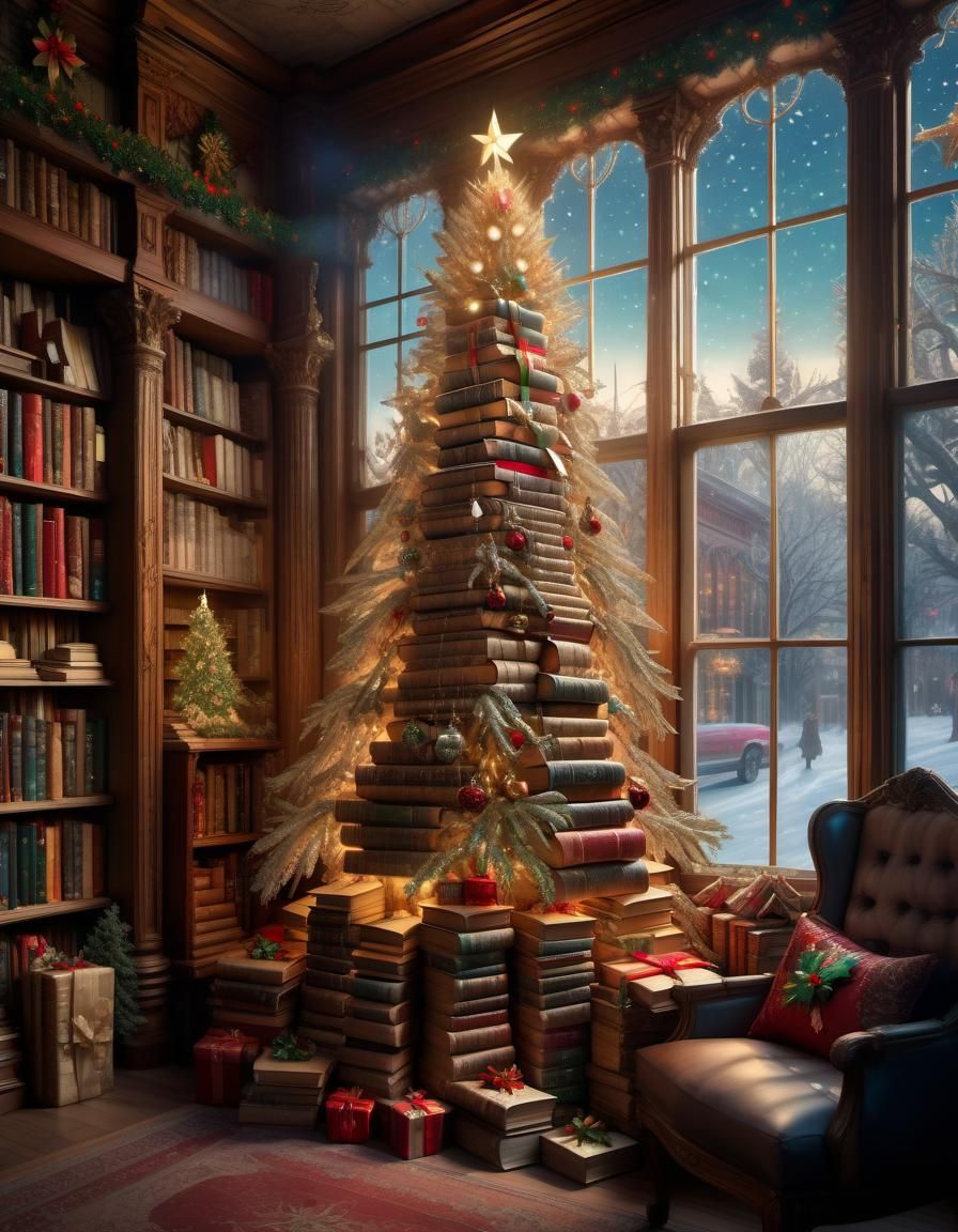 Ornate Christmas tree created entirely of columns of old boo...