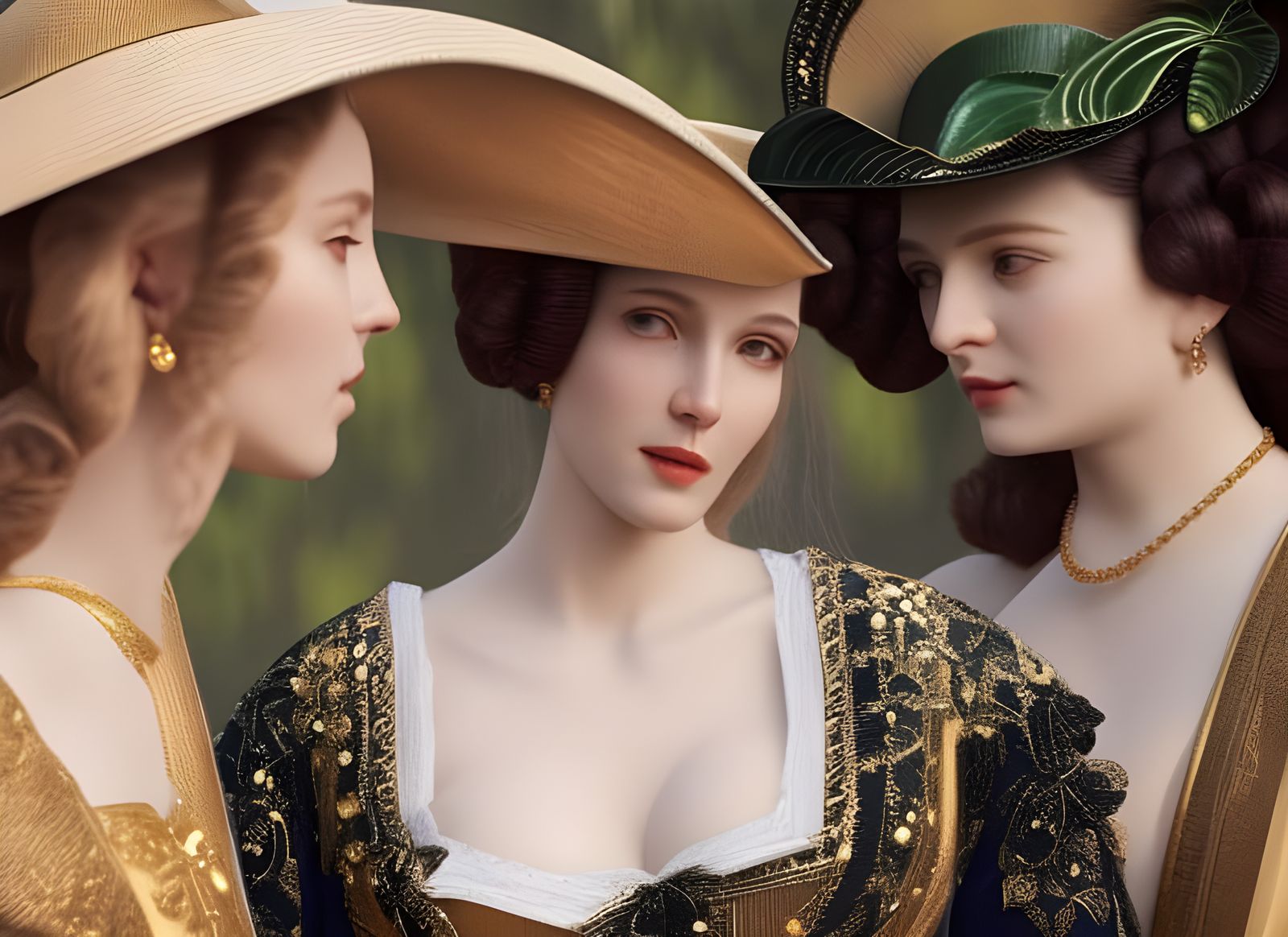 Renaissance Women Talking Over Coffee, Detailed Painting