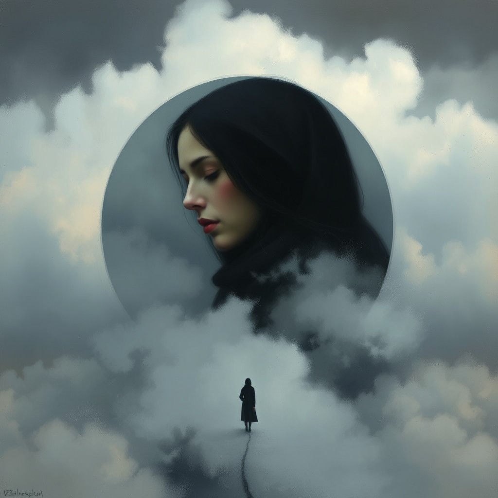 Melancholic Woman in Winter Cloudscape: Symbolist Style