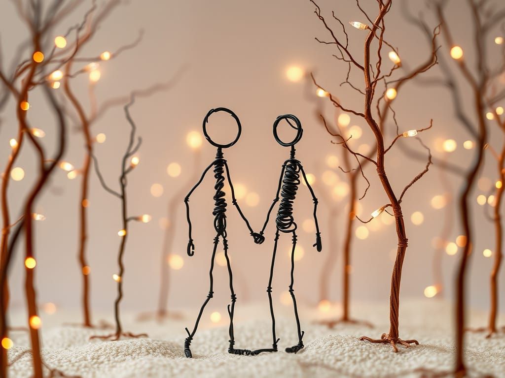 Wire Stick Figures in Surreal Landscape