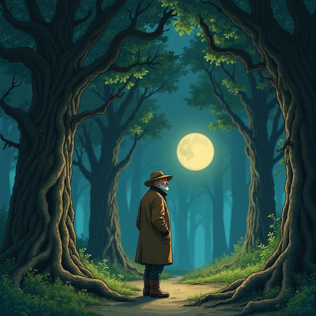 Man in Moonlit Forest, Ghibli Style