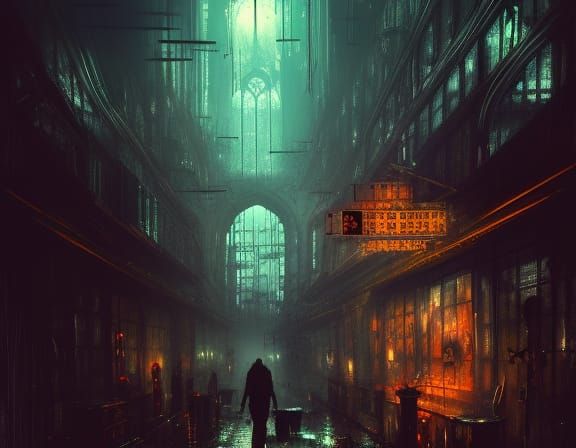 Cyberpunk Gothic Horror Arcade with Dramatic Lighting