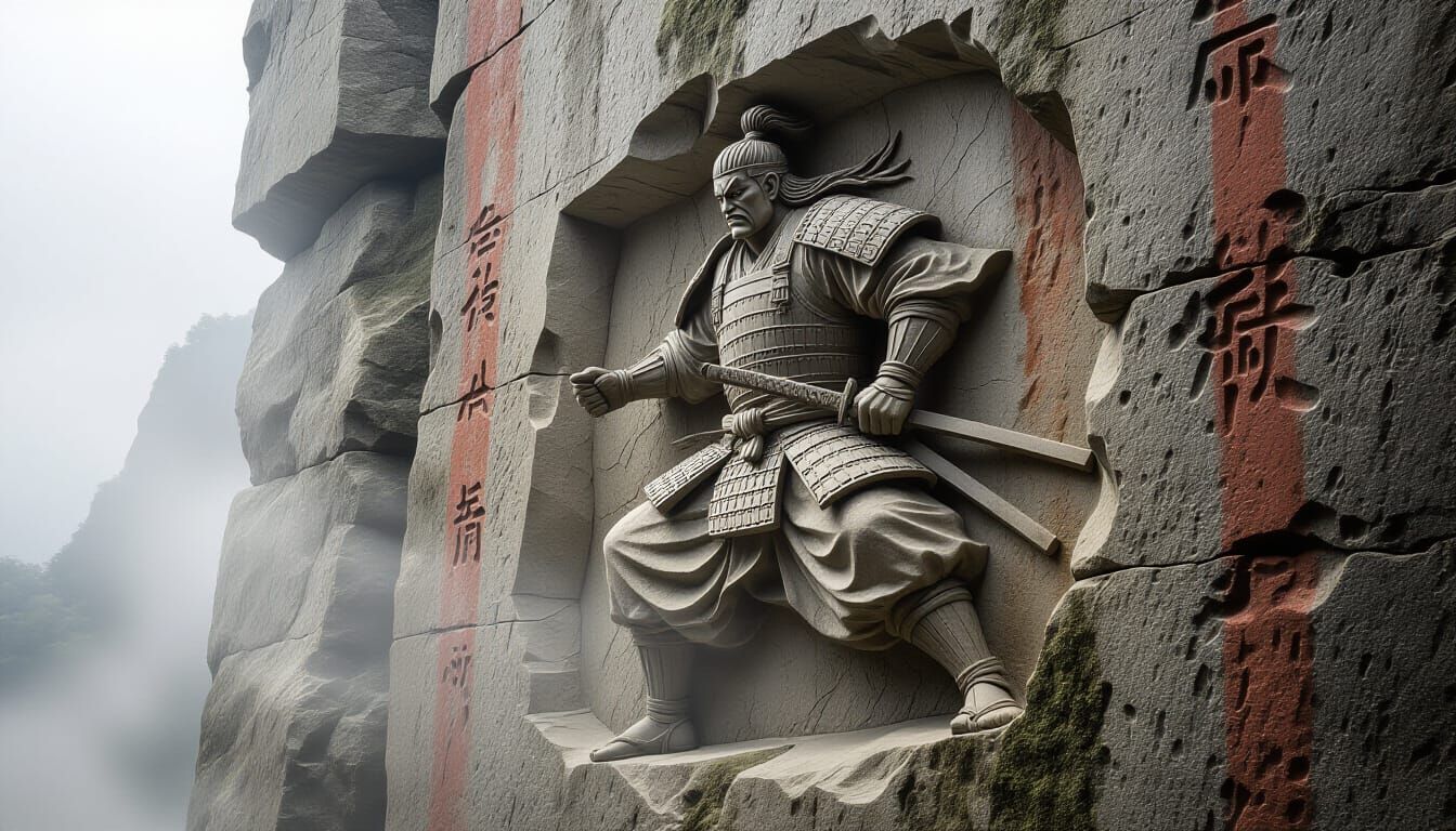 Ronin Warrior Bas-Relief Sculpture on Cliff Face