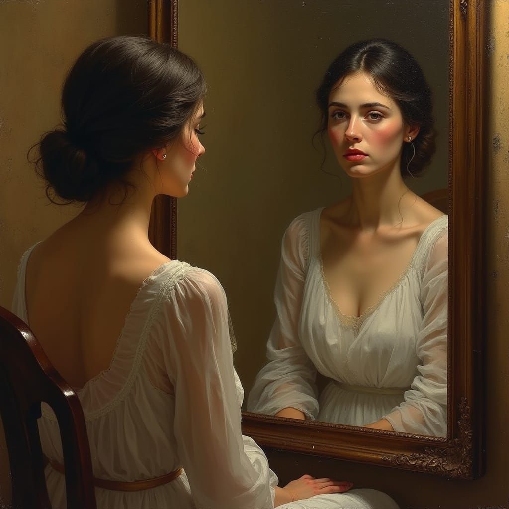 Woman's Reflection Shows Aged Sadness in Soft Light