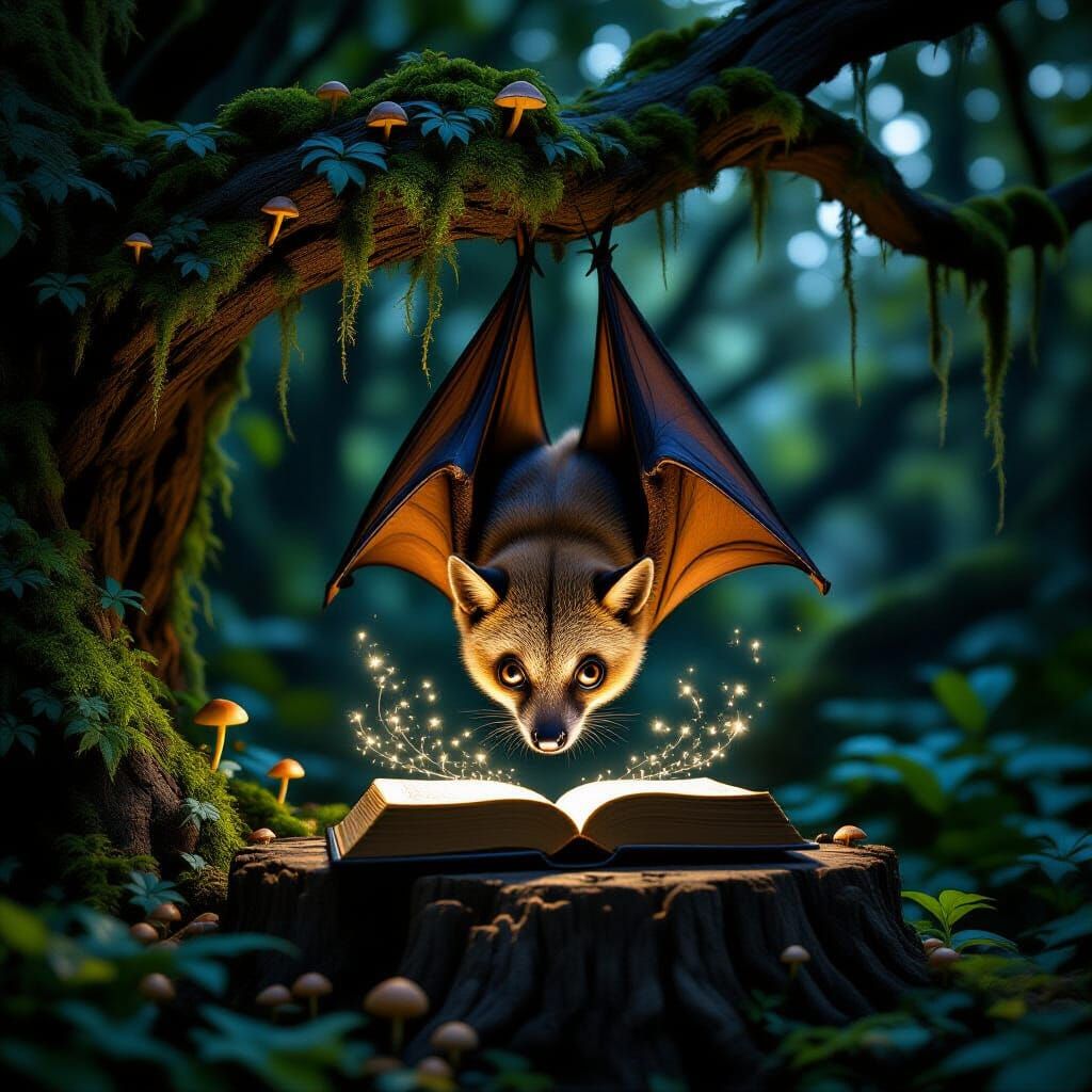 Flying Fox Reads Book by Moonlight in Ancient Forest
