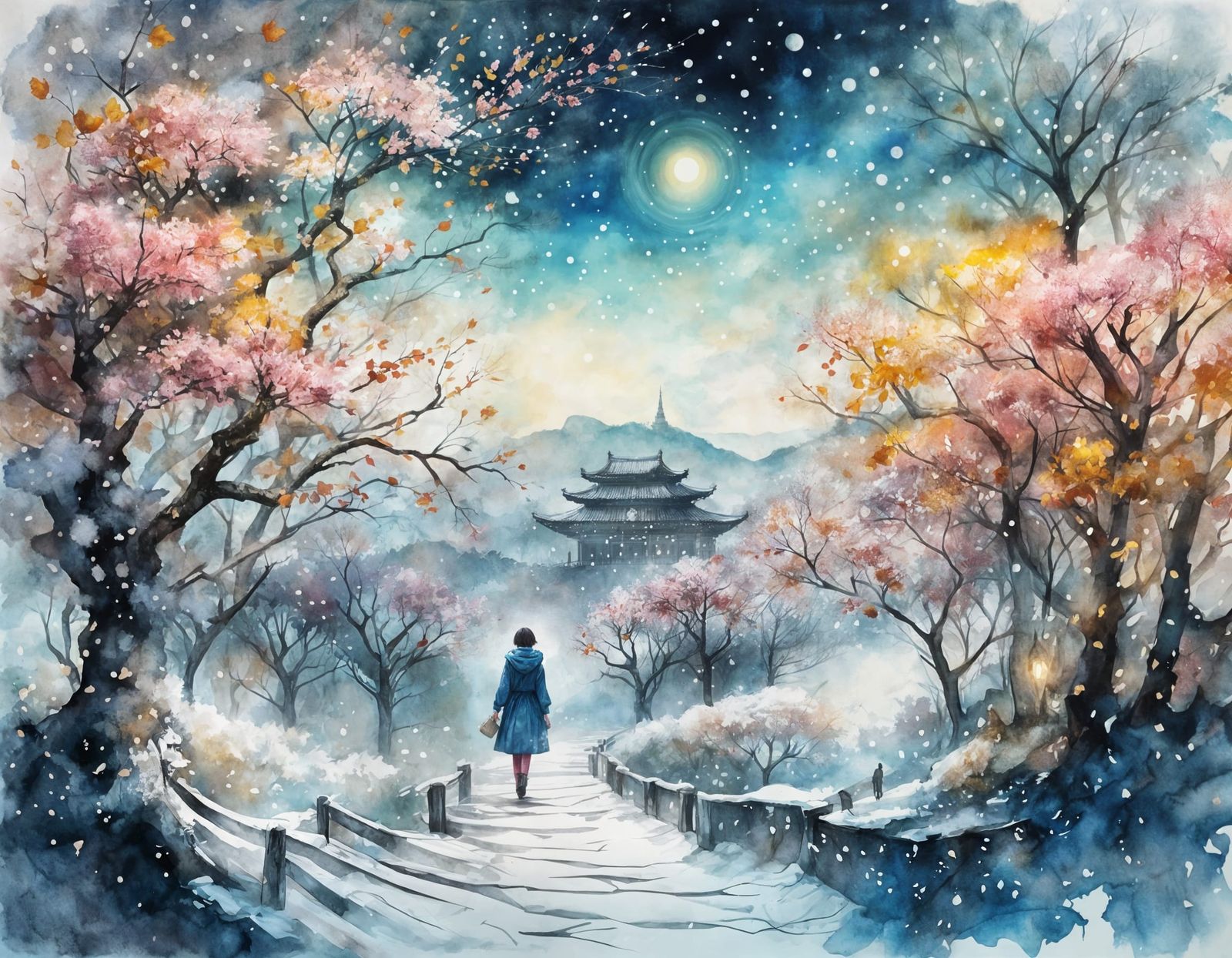 Four Seasons Path in Dreamy Watercolor Style