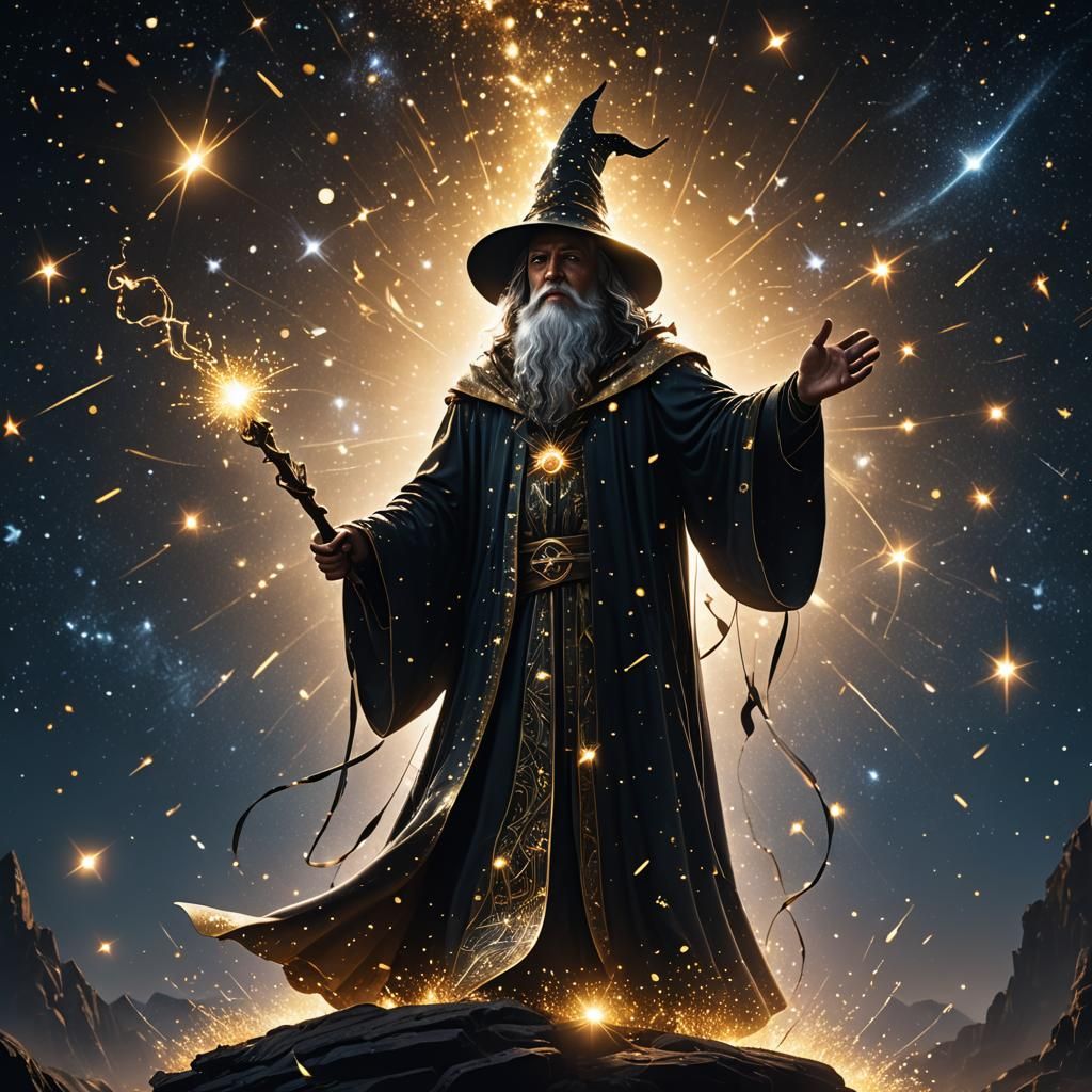 Constellation Wizard Silhouette with Sparkling Aura