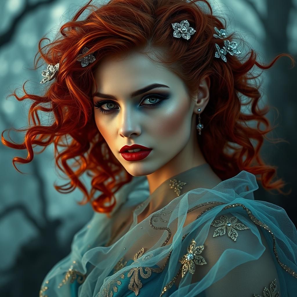 Stunning Woman with Fiery Red Hair and Silver Gown