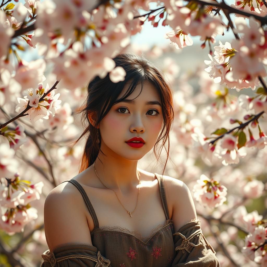 Asian Beauty in Cherry Blossom Garden