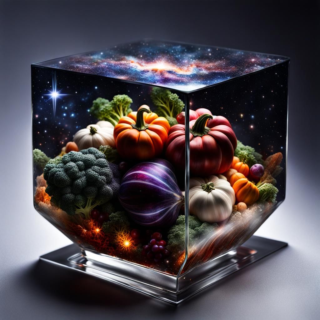 Cosmic Autumn Fruit Bowl in Glass Cube
