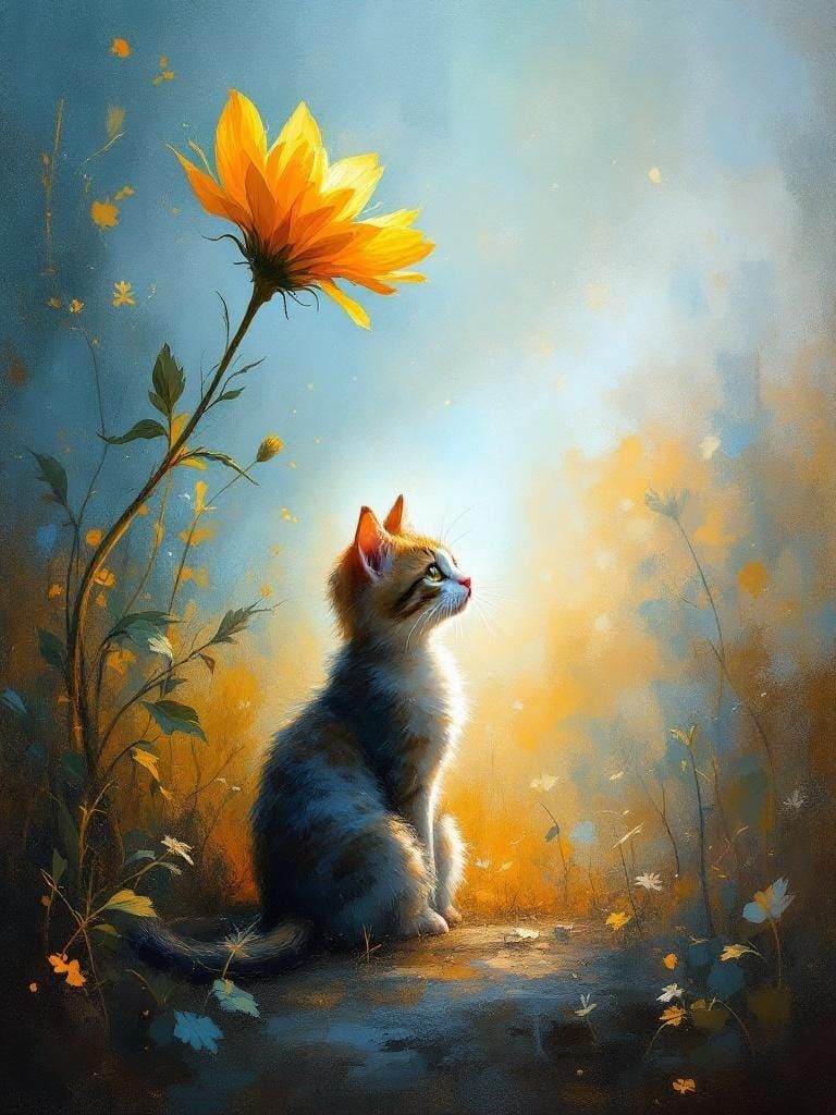 Cat Gazing at Flower in Textured Oil Painting Style