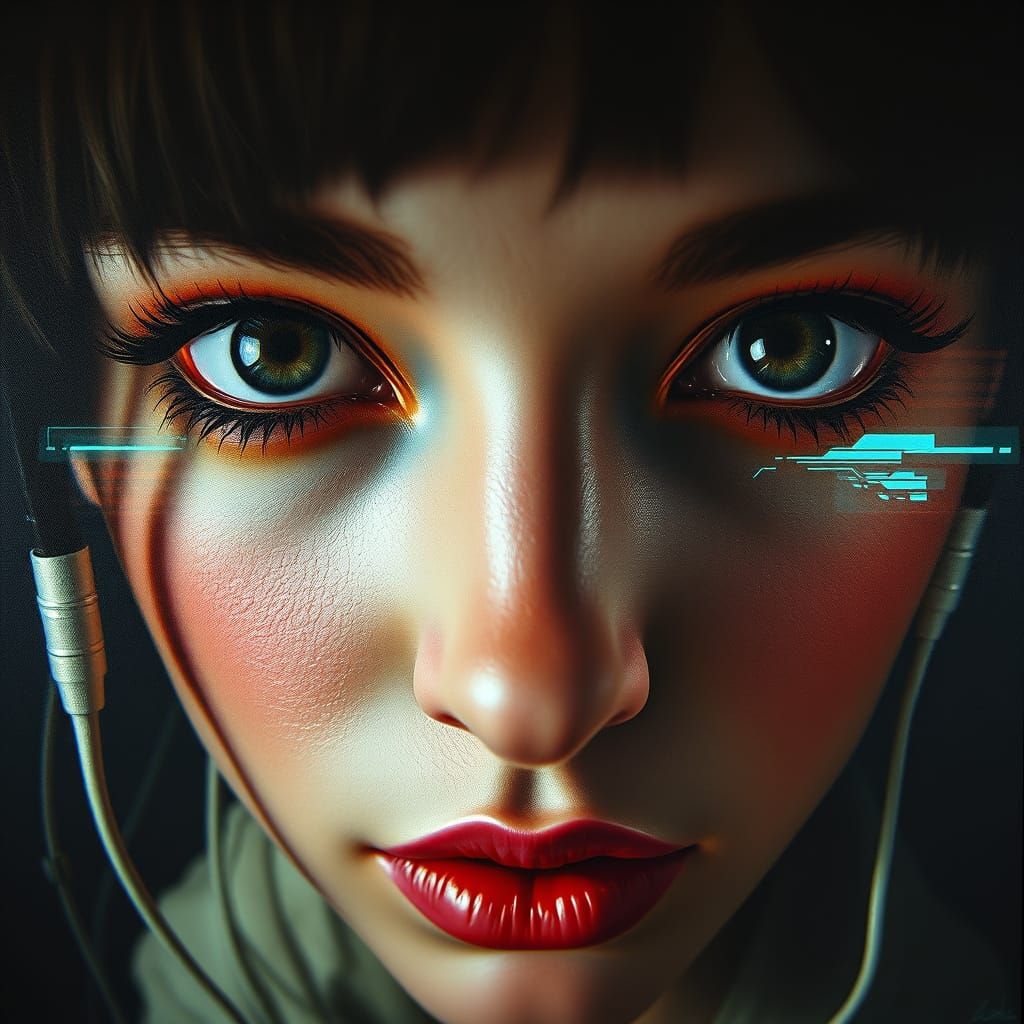 Surreal Glitching Face with Digital Eyes in Dystopian Art