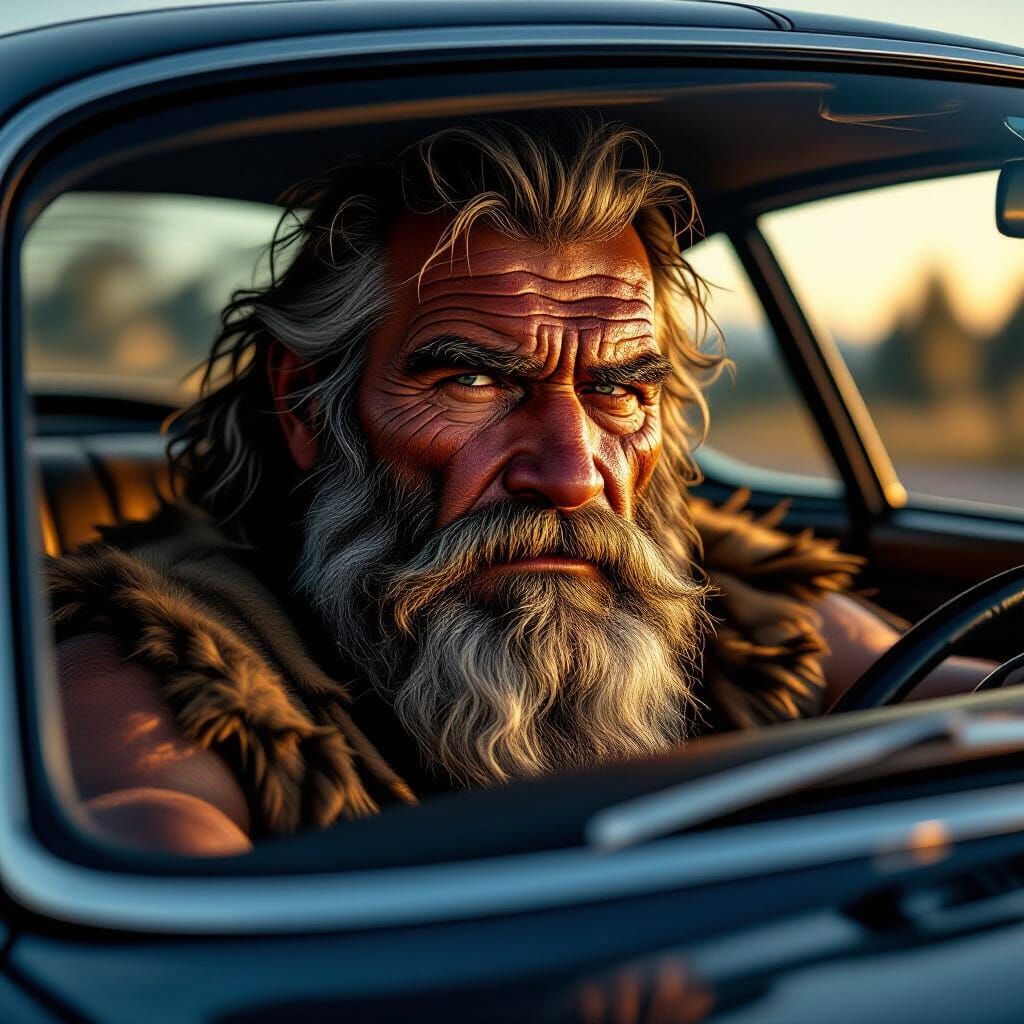 Caveman in Sports Car: Hyperrealistic Portrait
