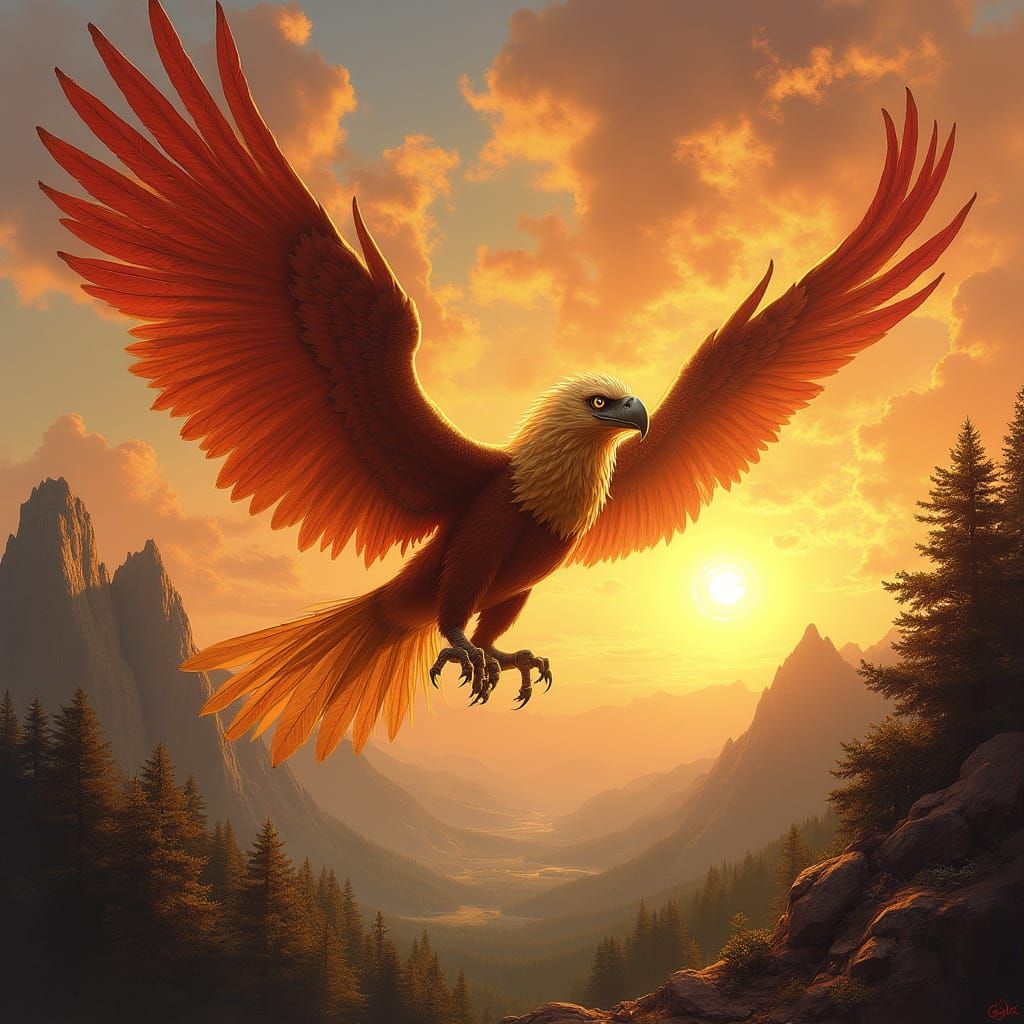 Griffin Soaring Through Sunset Sky in Fantasy Art