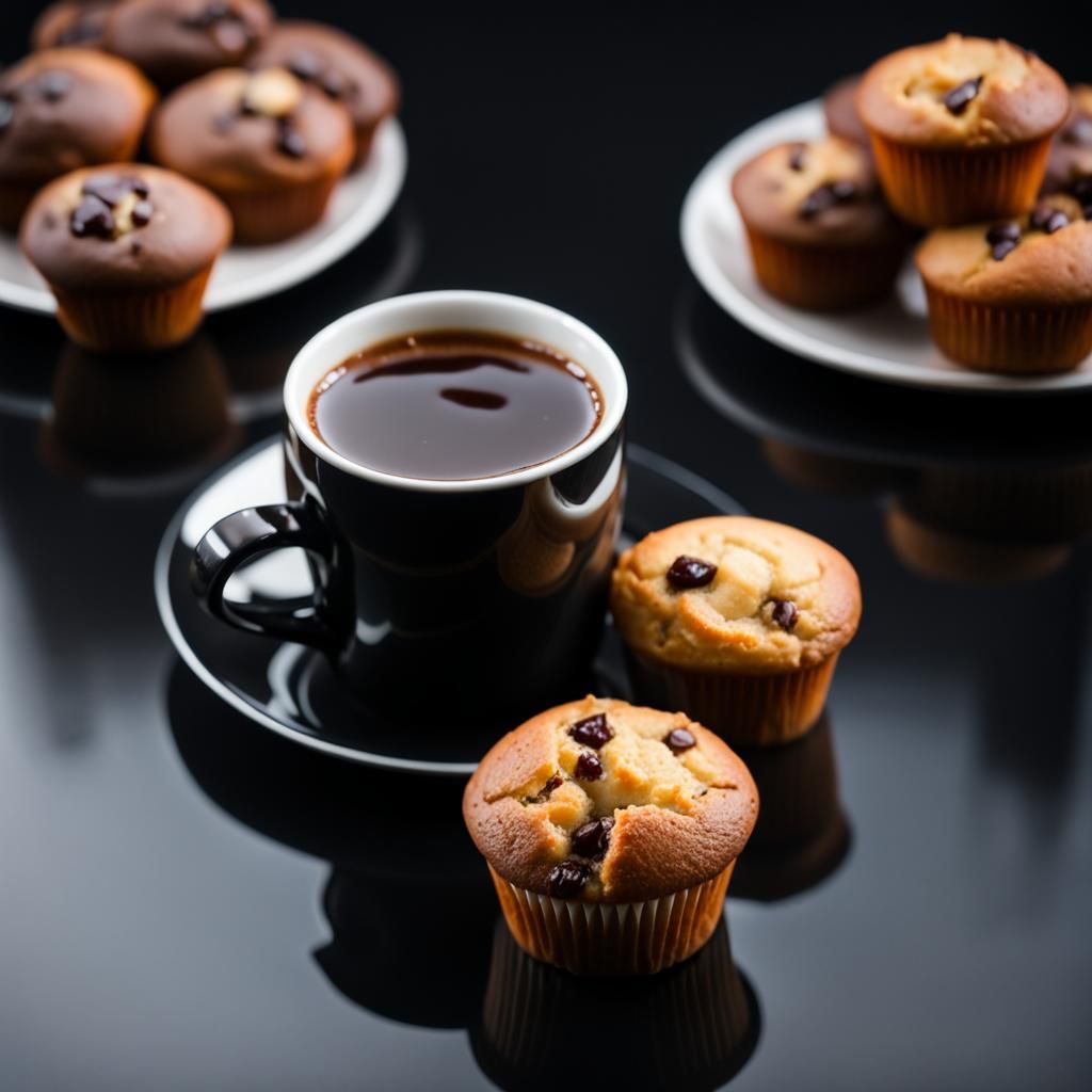 Hot cup of coffee and a plate of muffins.