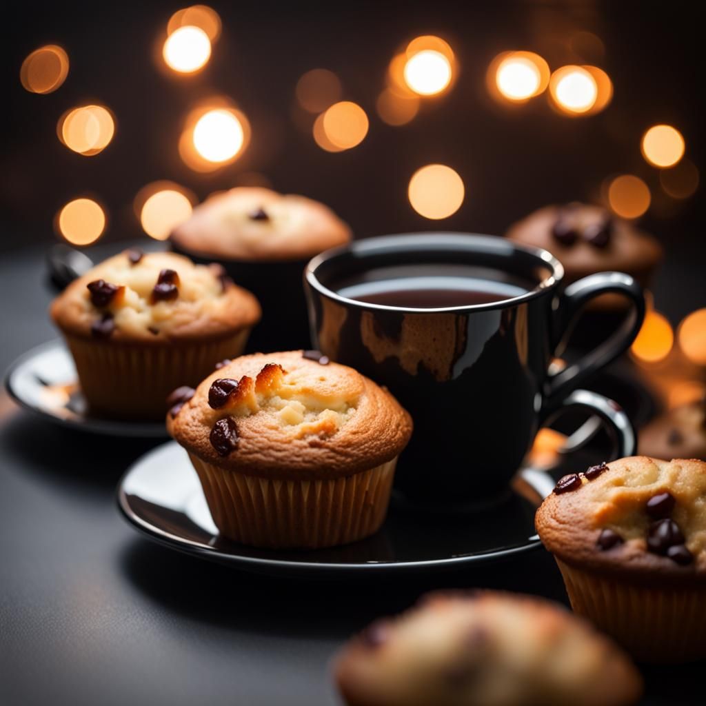Hot cup of coffee and a plate of muffins.