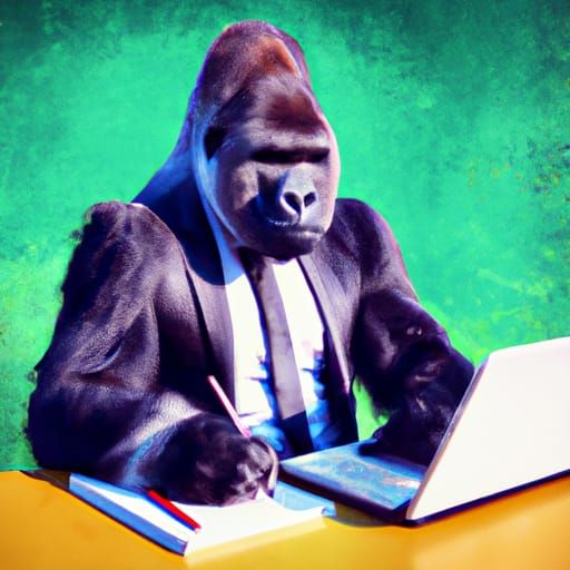 Gorilla in Elegant Suit Studies Notebook at Table