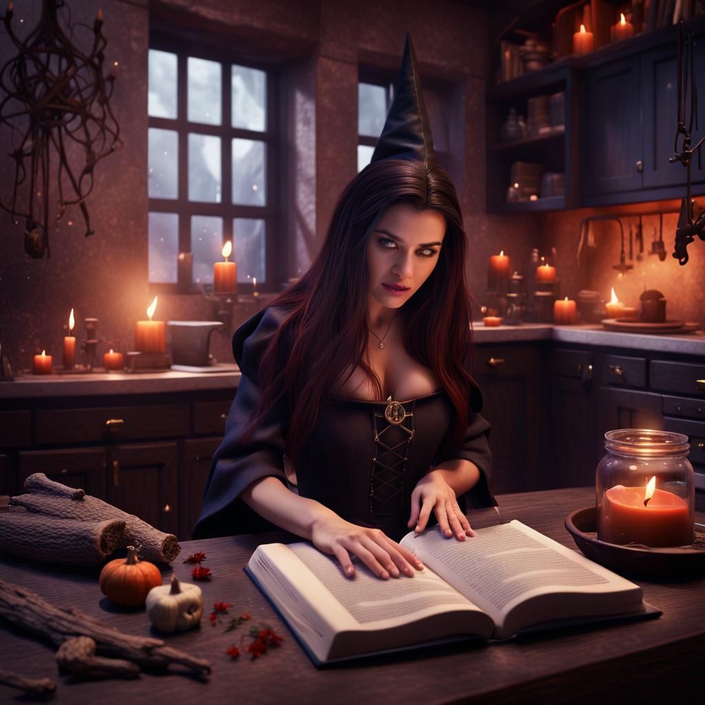 Young Witch Reads Spellbook in Modern Kitchen