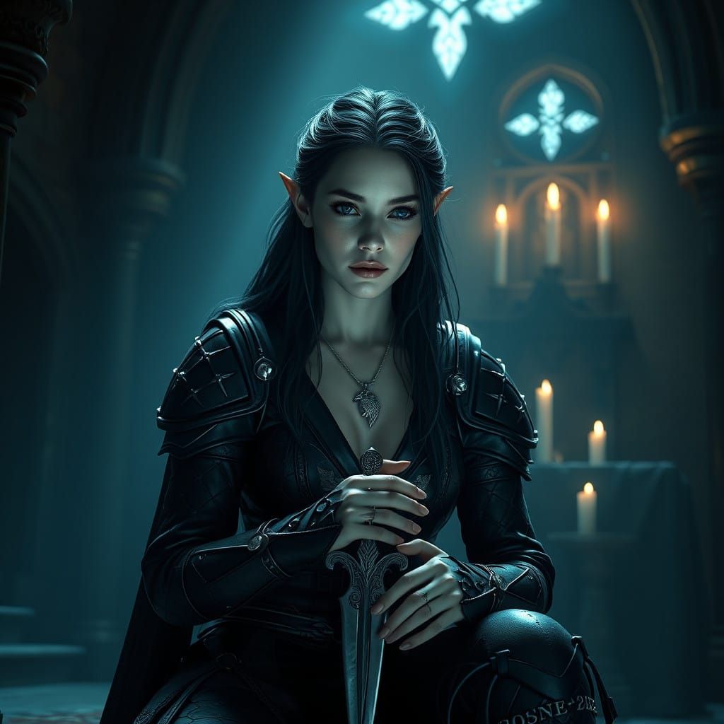 Gothic High Elf Maiden Contemplates Mystical Altar